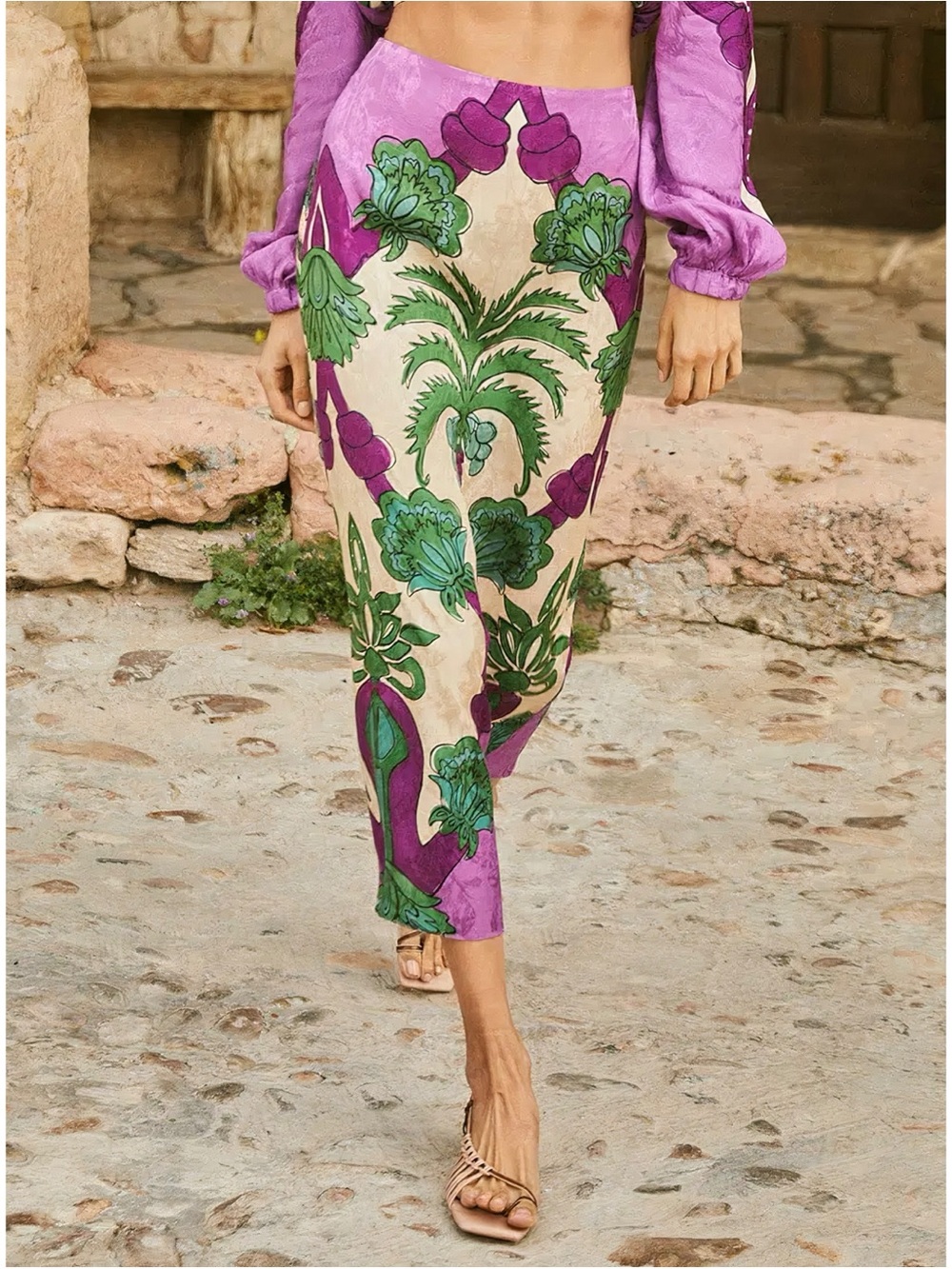 NWT Johanna Ortiz Floral Midi Satin Drán A-Line Skirt